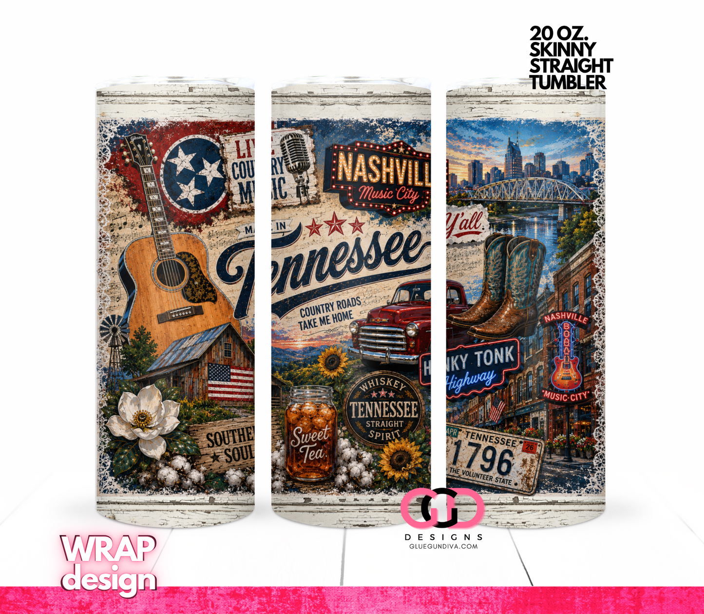 Vintage Tennessee Collage -   Digital tumbler wrap for 20 oz skinny straight tumbler