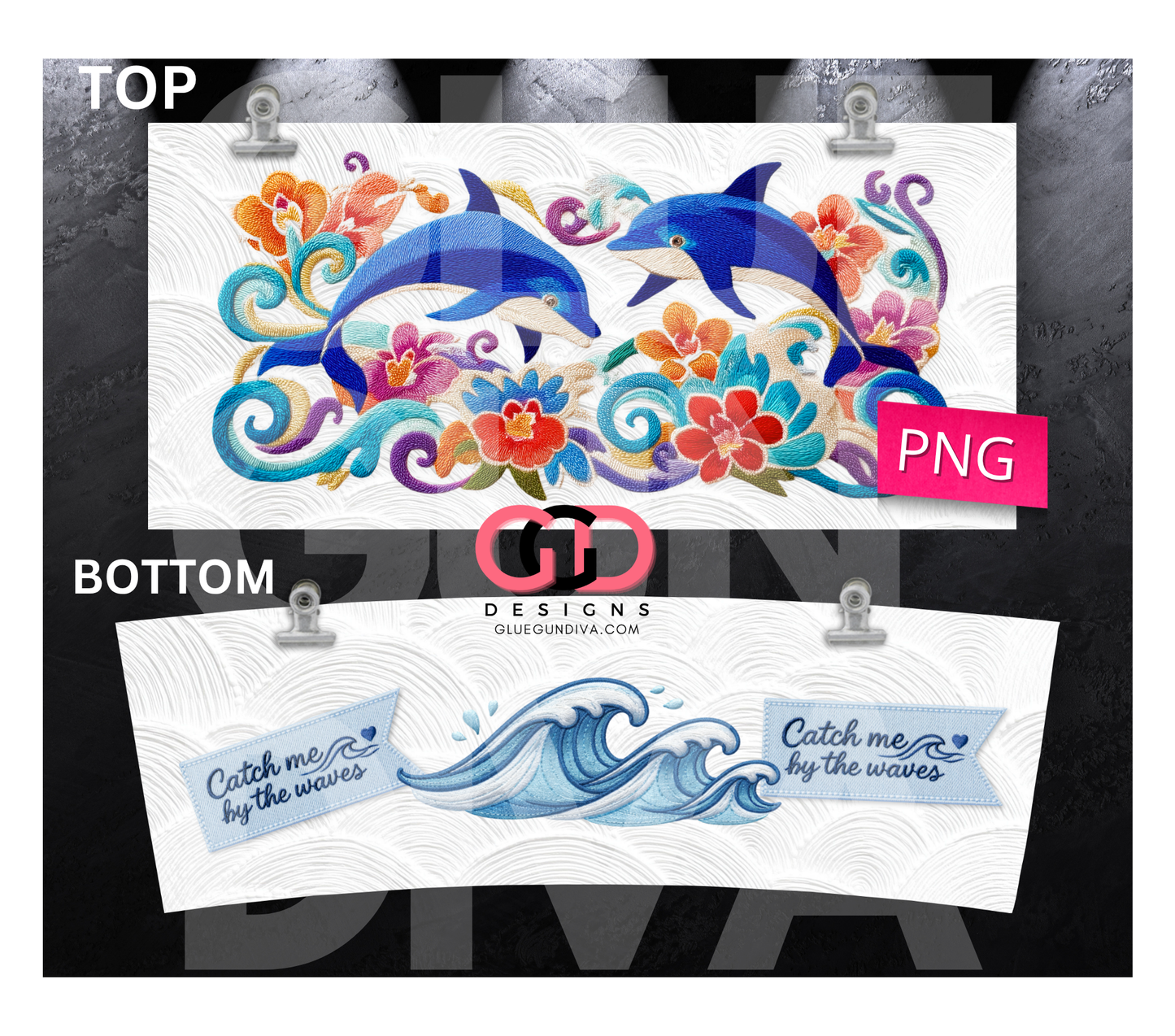 Embroidered Dolphins -   Digital tumbler wrap for 40 oz tumbler