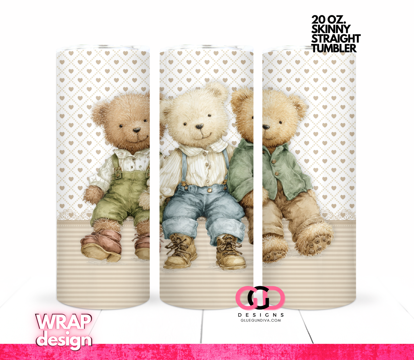 3 Boy Bears -  Digital tumbler wrap for 20 oz skinny straight tumbler