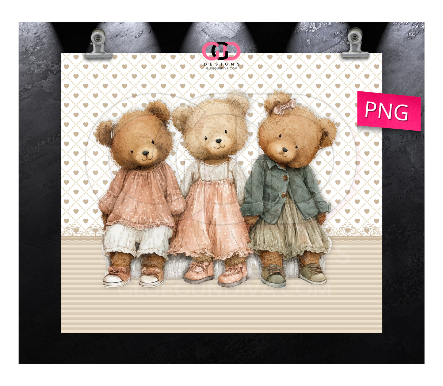 3 Girl Bears -  Digital tumbler wrap for 20 oz skinny straight tumbler