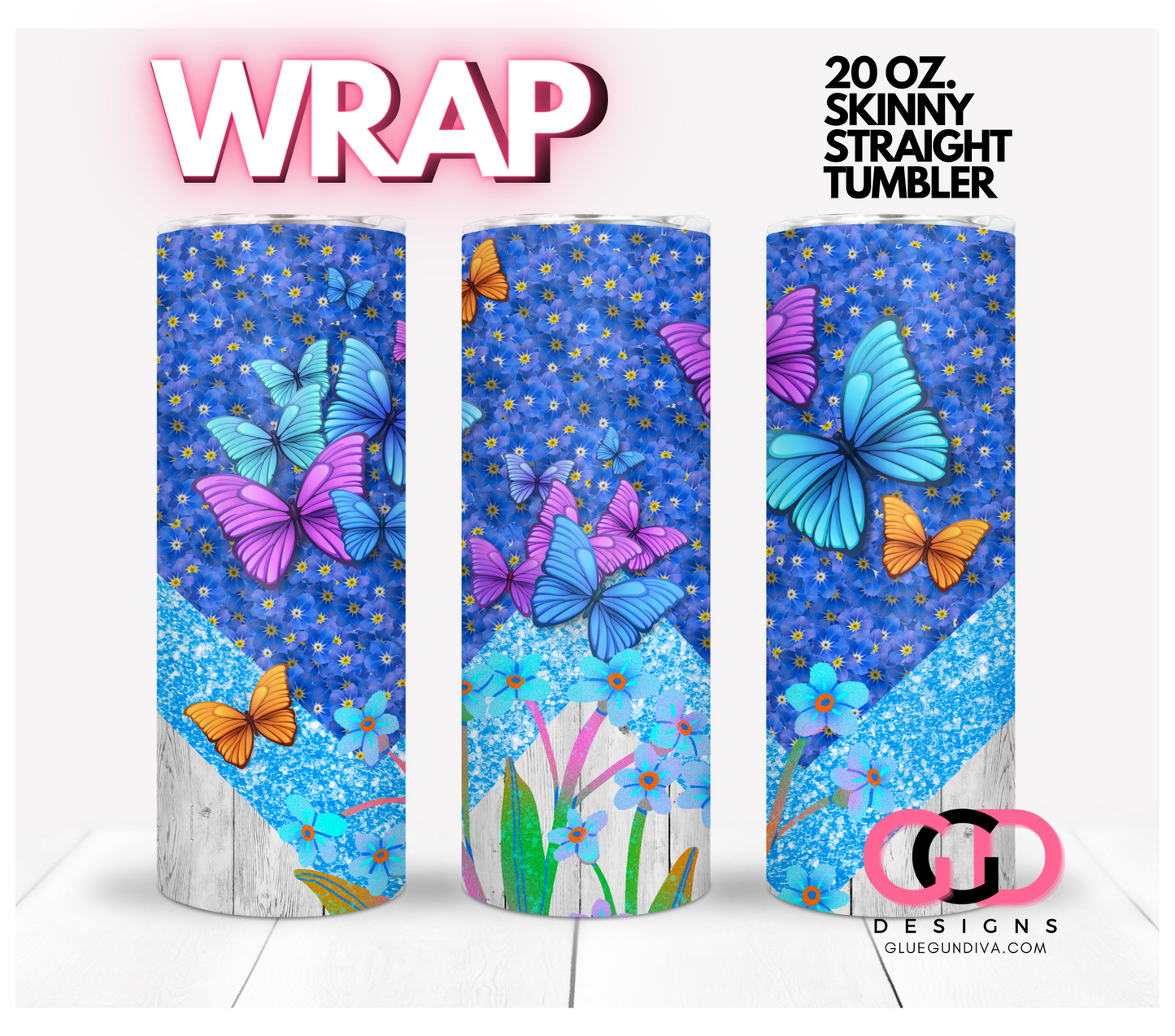 Forget me Nots and Butterflies-   Digital tumbler wrap for 20 oz skinny straight tumbler