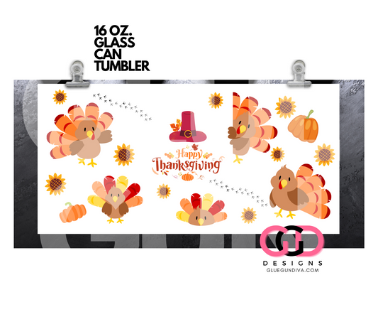 Happy thanksgiving turkeys-   Digital wrap for 16 oz glass can