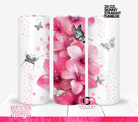 Hot Pink Flowers Silver Butterflies -  Digital tumbler wrap for 20 oz skinny straight tumbler