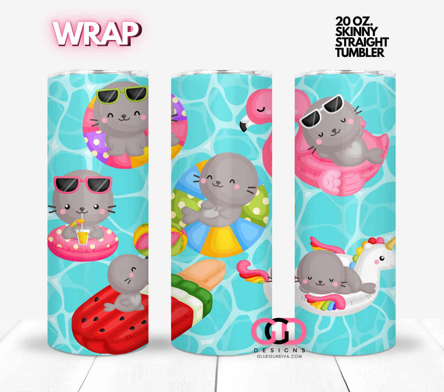 Seal Pool Party -  Digital tumbler wrap for 20 oz skinny straight tumbler