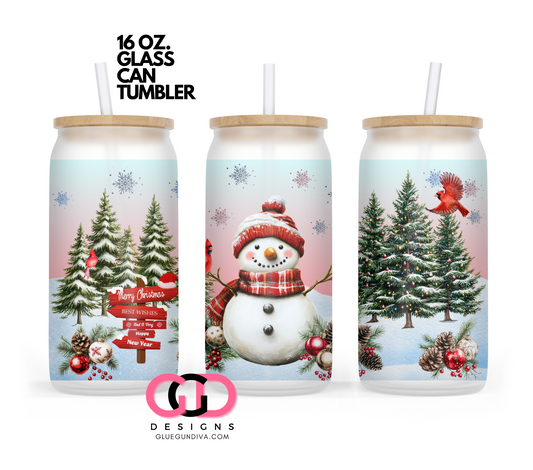 Christmas Snowman Forest-   Digital wrap for 16 oz glass can