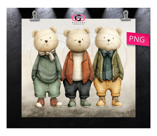 3 Standing Male Bears -  Digital tumbler wrap for 20 oz skinny straight tumbler