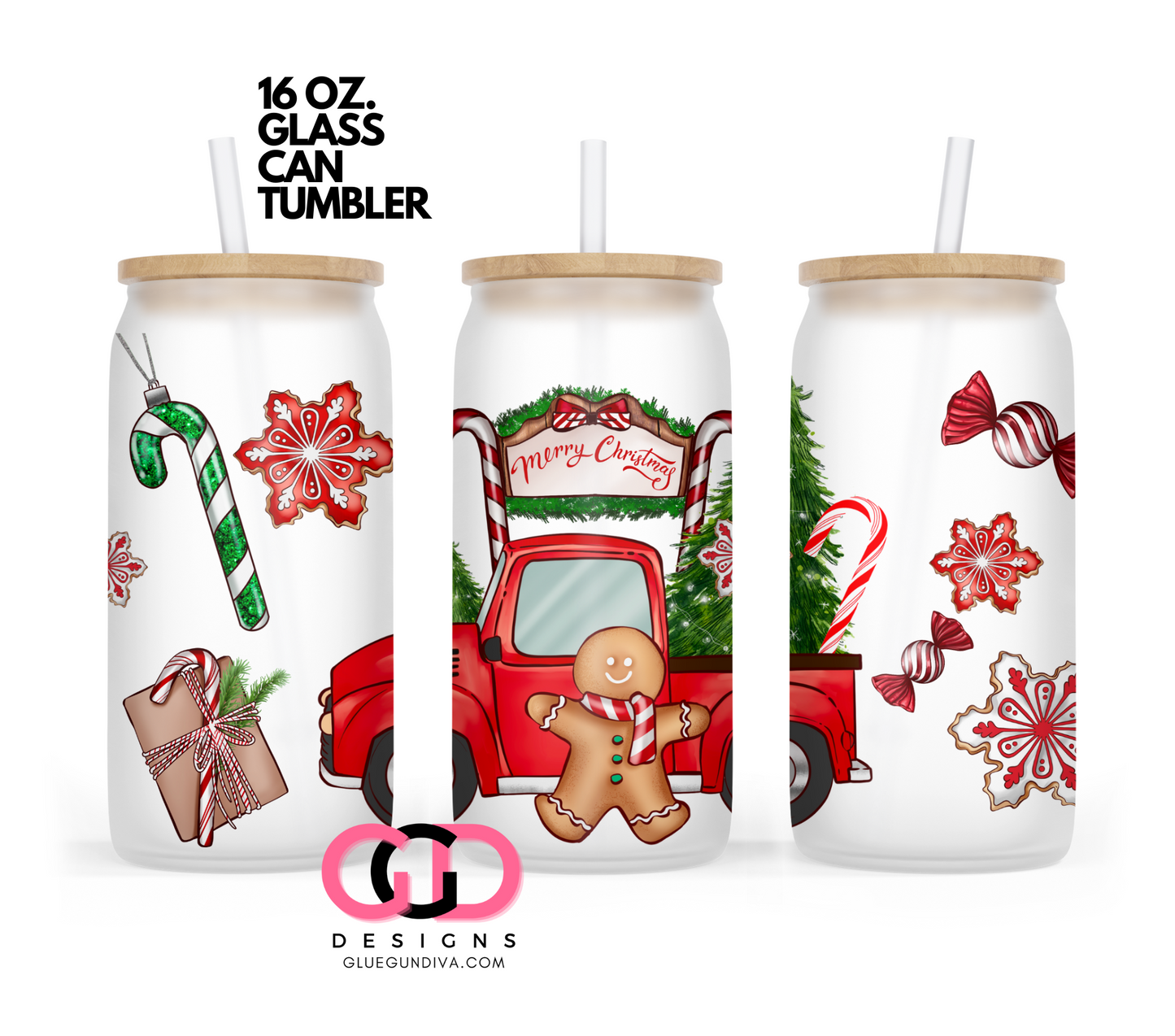 Merry Ginger Christmas-   Digital wrap for 16 oz glass can