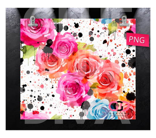 Watercolor Roses Paint Splatter-   Digital tumbler wrap for 20 oz skinny straight tumbler