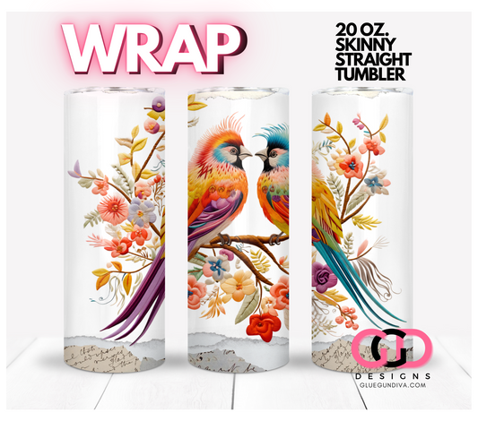 Embroidered Love Birds-   Digital tumbler wrap for 20 oz skinny straight tumbler