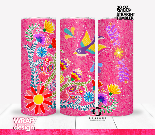 Hot Pink Glitter Mexican Flowers -   Digital tumbler wrap for 20 oz skinny straight tumbler