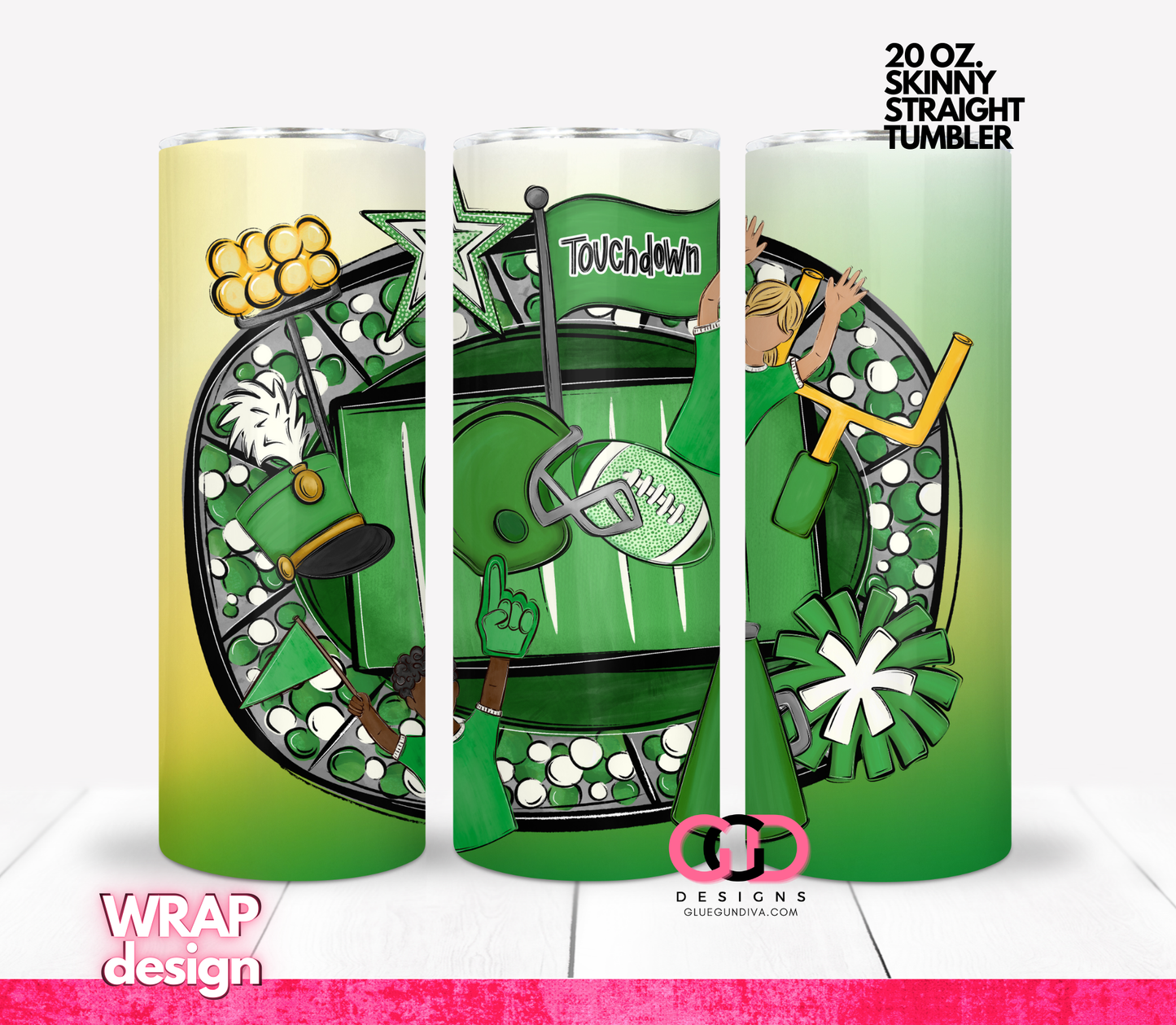 Green Football Team Touchdown-   Digital tumbler wrap for 20 oz skinny straight tumbler