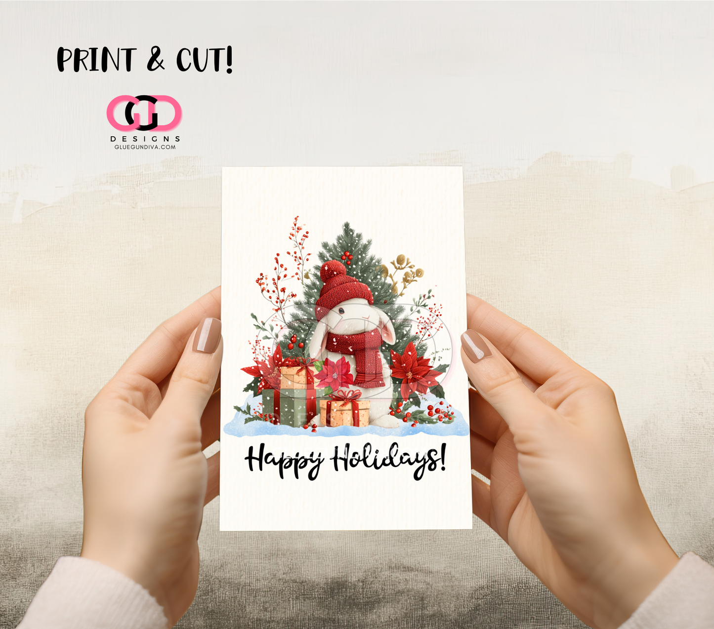 Bunny Happy Holidays Cards -  Print & Cut