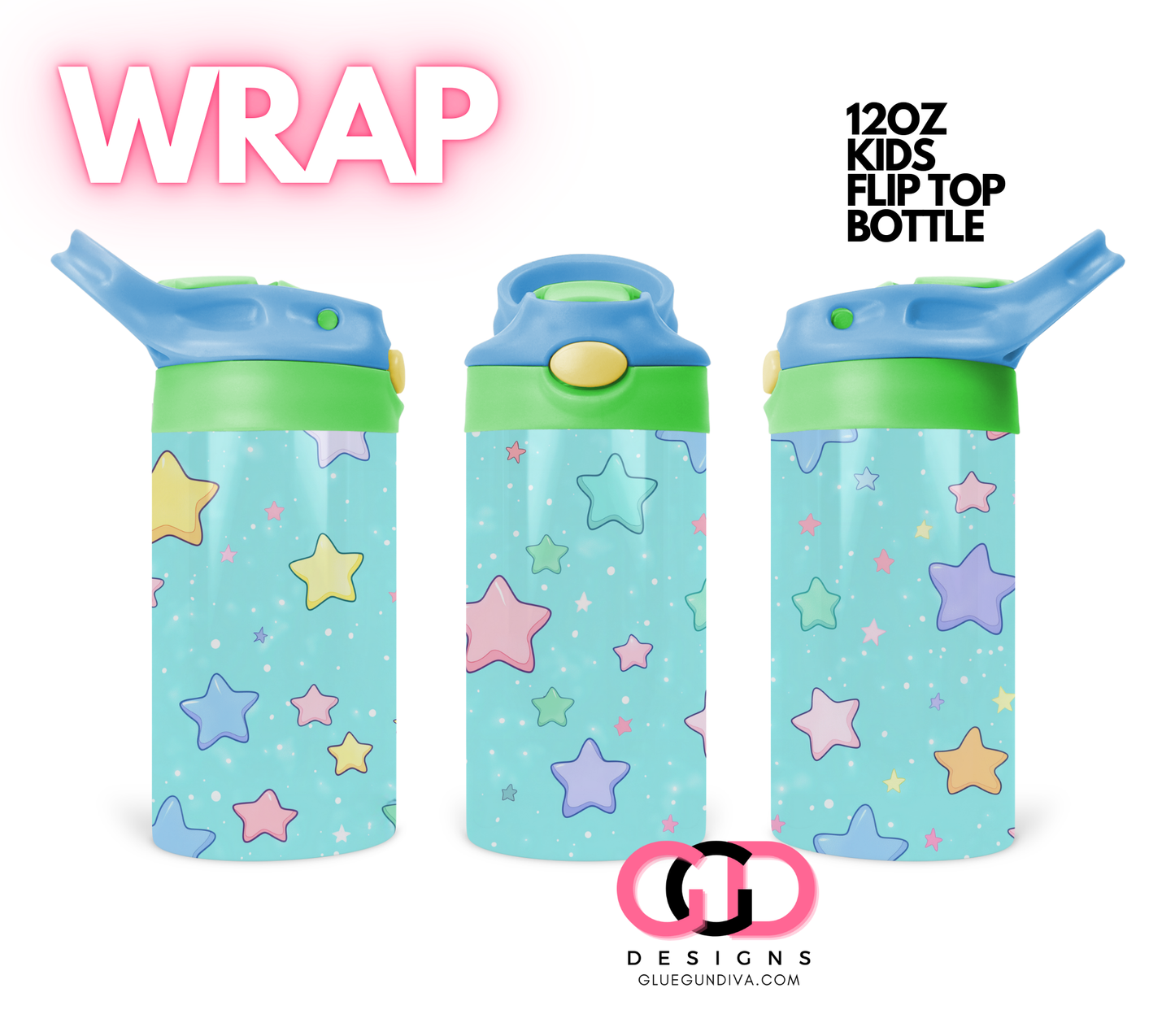 Cute Pastel Stars - Digital Flip Top Bottle Wrap for kid's bottles 12 oz