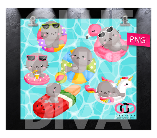 Seal Pool Party -  Digital tumbler wrap for 20 oz skinny straight tumbler