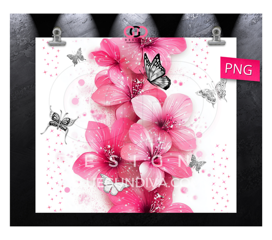 Hot Pink Flowers Silver Butterflies -  Digital tumbler wrap for 20 oz skinny straight tumbler