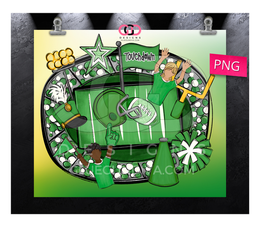 Green Football Team Touchdown-   Digital tumbler wrap for 20 oz skinny straight tumbler