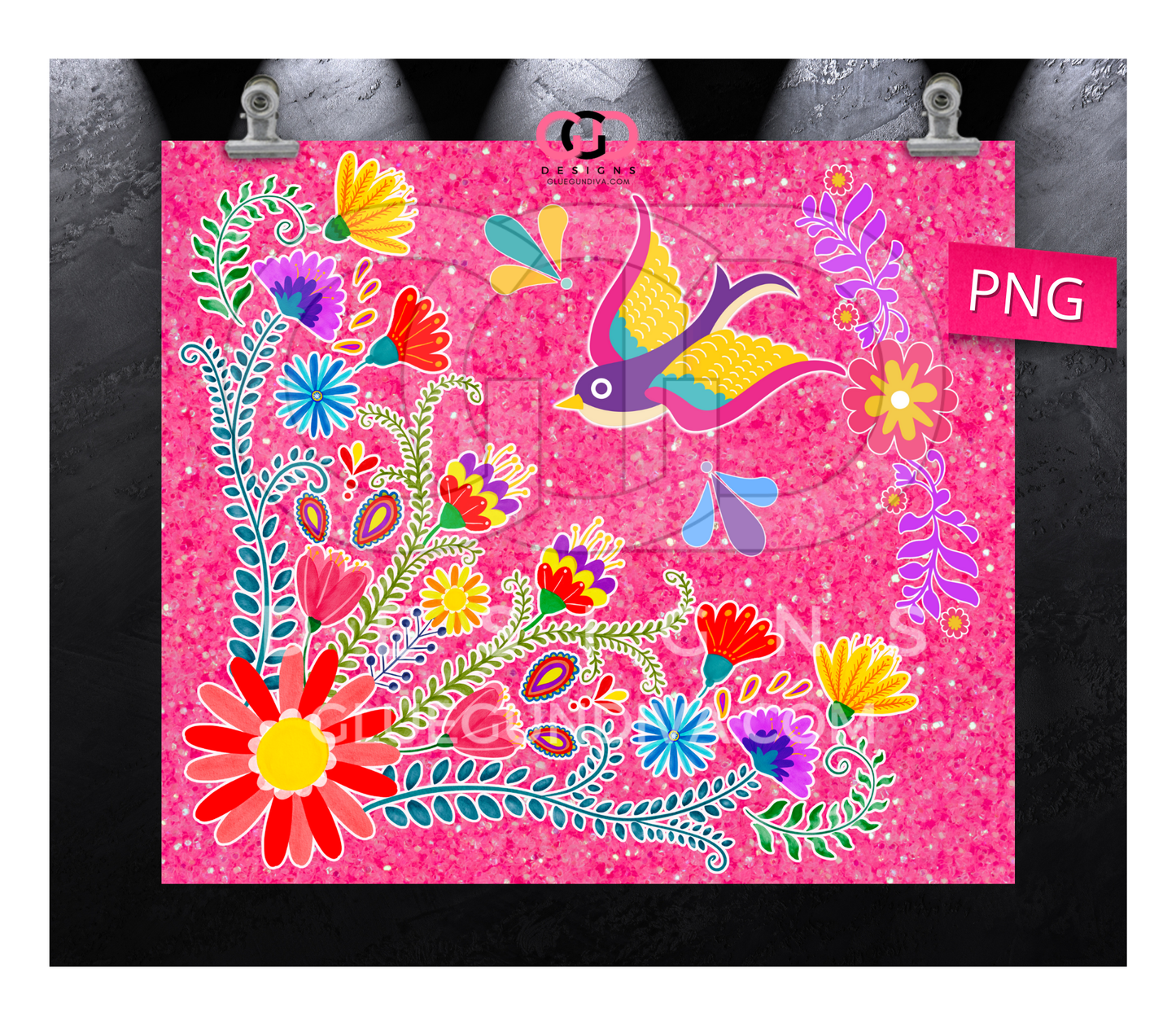 Hot Pink Glitter Mexican Flowers -   Digital tumbler wrap for 20 oz skinny straight tumbler