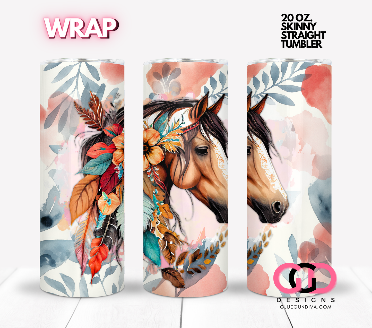 Boho Horse Profile-  Digital tumbler wrap for 20 oz skinny straight tumbler