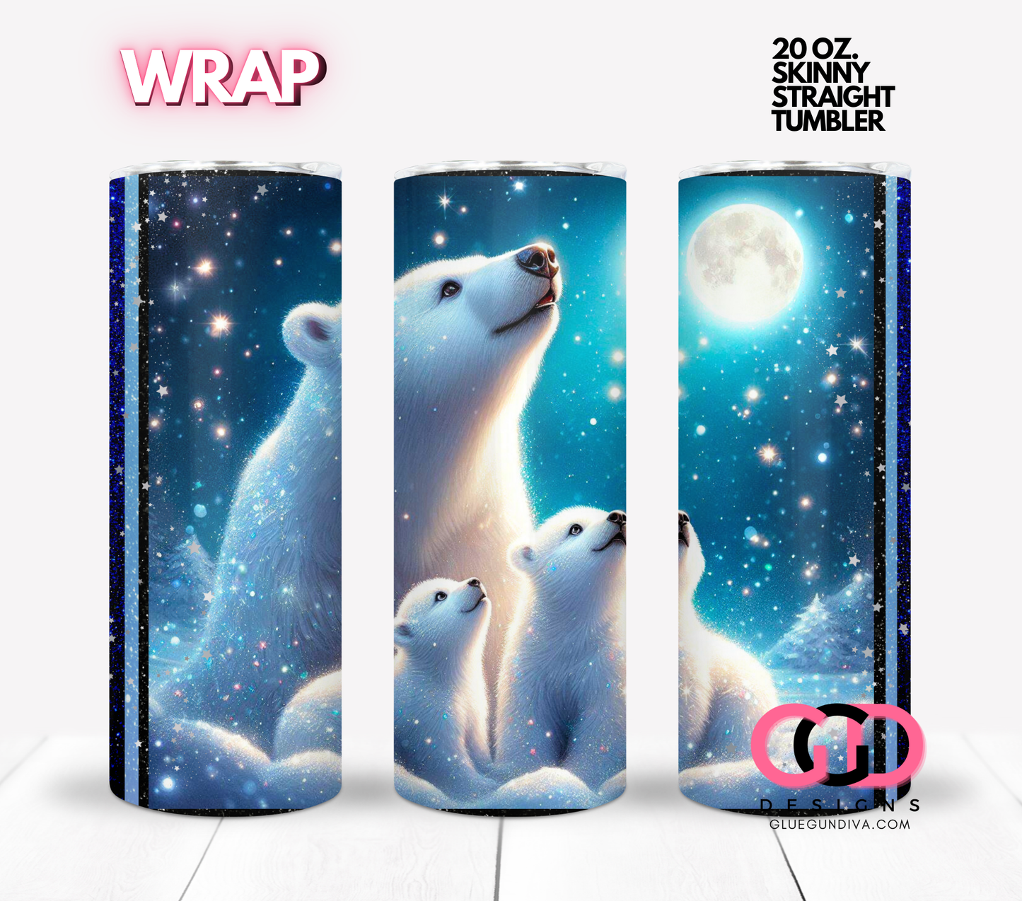 MAMA Polar Bear and Cubs moonlight-  Digital tumbler wrap for 20 oz skinny straight tumbler