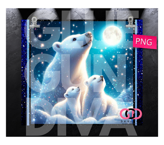 MAMA Polar Bear and Cubs moonlight-  Digital tumbler wrap for 20 oz skinny straight tumbler