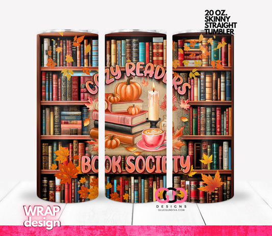 Cozy Reader Book Society -  Digital tumbler wrap for 20 oz skinny straight tumbler