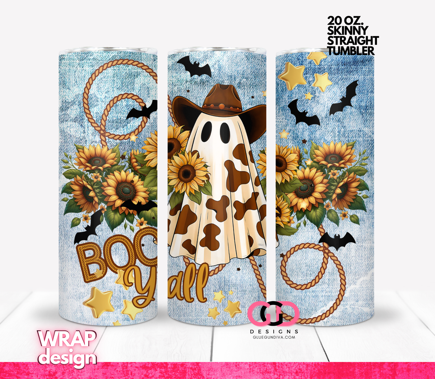 Boo Y'all Sunflowers -   Digital tumbler wrap for 20 oz skinny straight tumbler