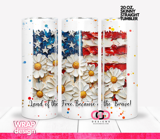 Land of the Free Daisies Acrylic Paint-  Digital tumbler wrap for 20 oz skinny straight tumbler
