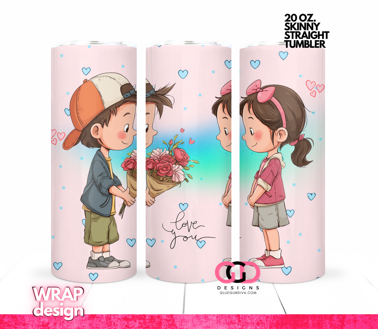 Love You Dark Brown Hair - Digital tumbler wrap for 20 oz skinny straight tumbler