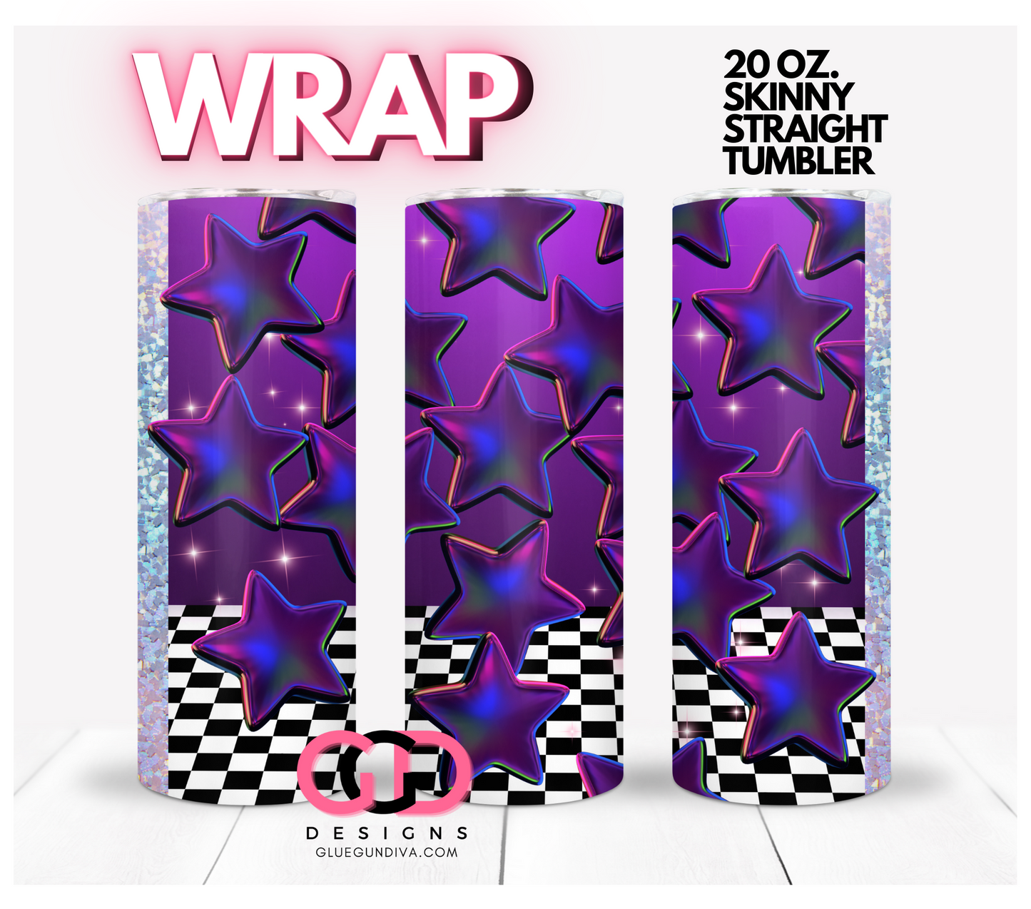 Purple Stars Checkered -   Digital tumbler wrap for 20 oz skinny straight tumbler