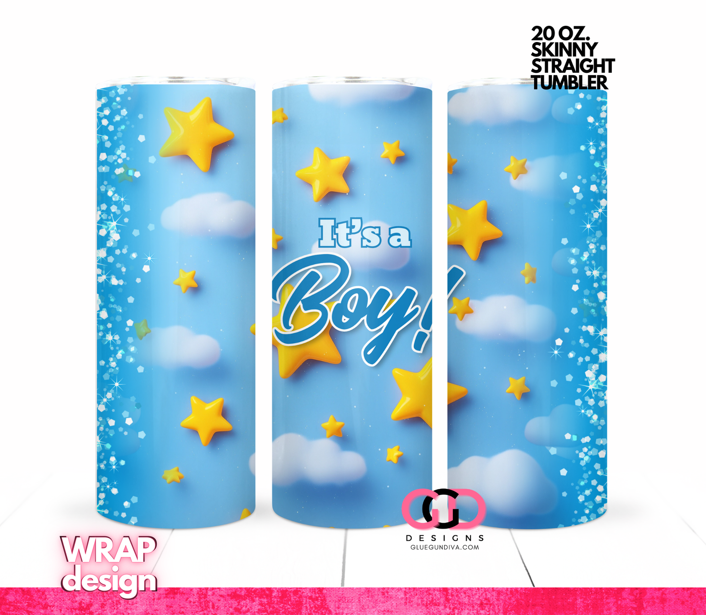 It's a Boy! Stars - Digital tumbler wrap for 20 oz skinny straight tumbler