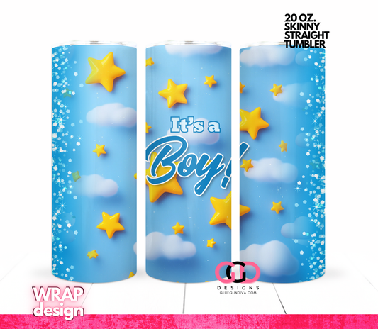 It's a Boy! Stars - Digital tumbler wrap for 20 oz skinny straight tumbler
