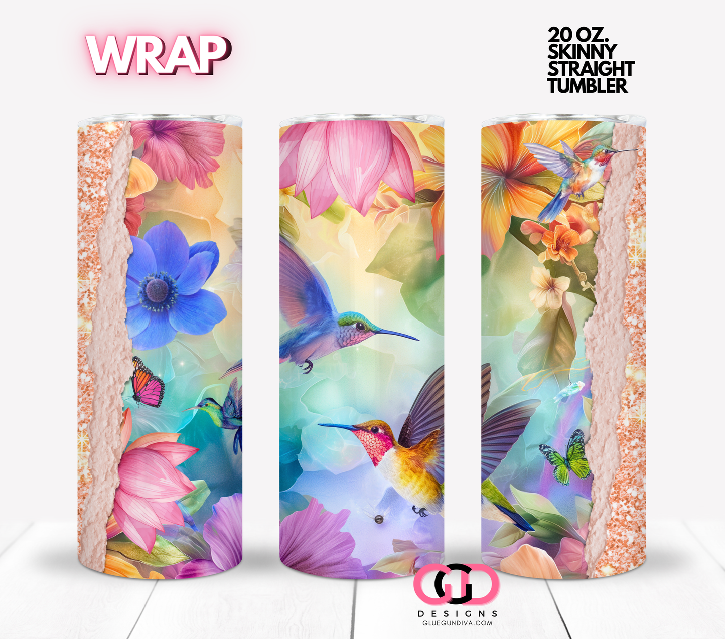 Hummingbird Paradise-  Digital tumbler wrap for 20 oz skinny straight tumbler