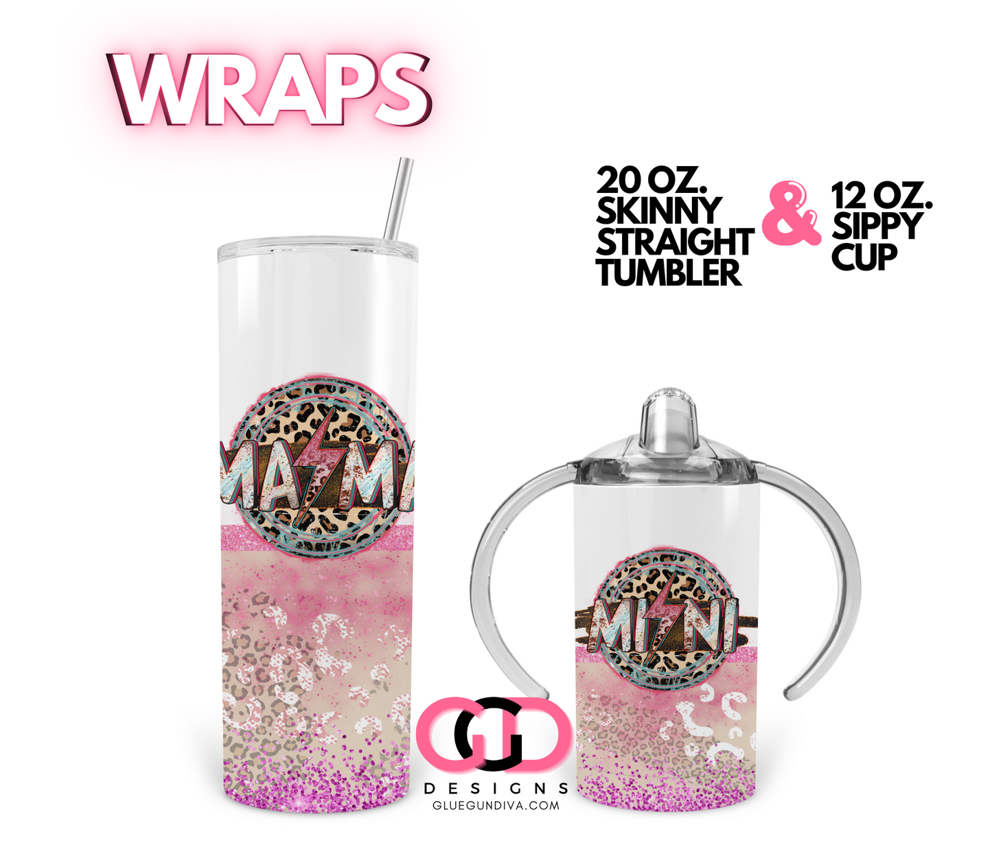 Mama Mini Lightening Animal Print - Set of 2 Digital tumbler wraps for 20 oz skinny straight and Kid's 12 oz Sippy Cup