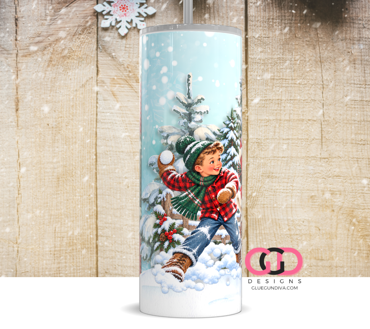 Vintage Snowball Fight White Children-  Digital tumbler wrap for 20 oz skinny straight tumbler