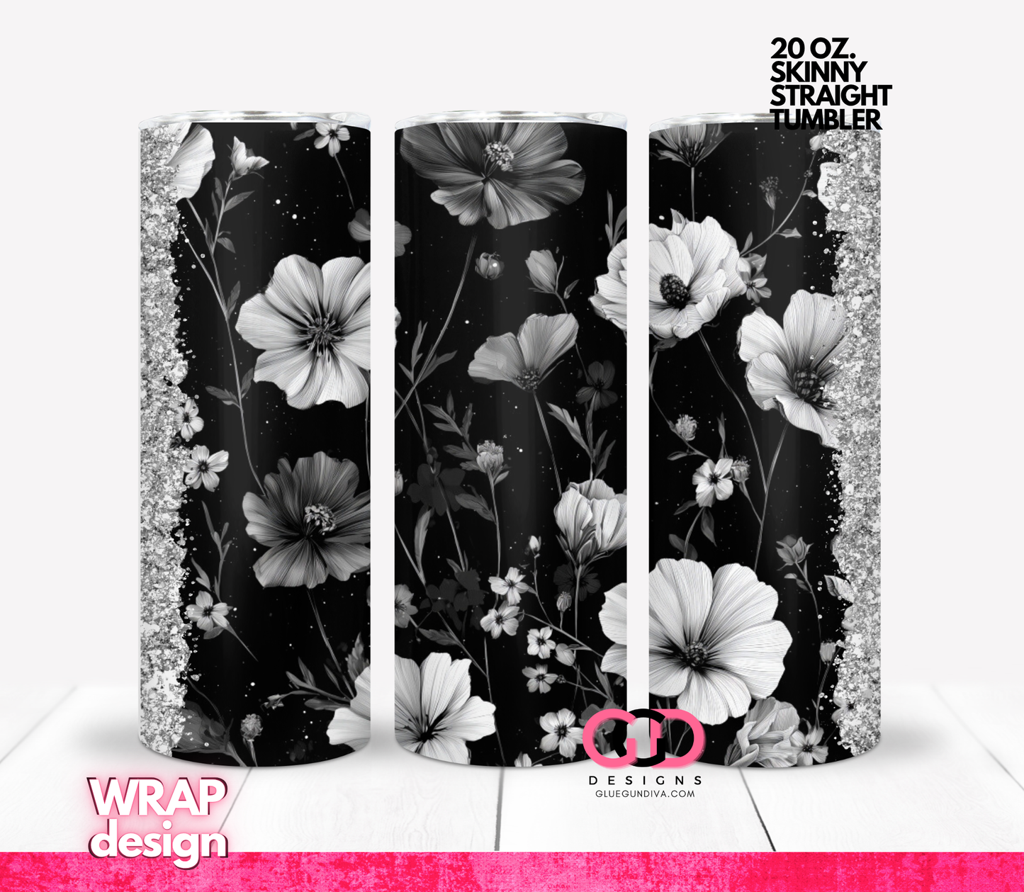 Black White Flowers 4 -   Digital tumbler wrap for 20 oz skinny straight tumbler