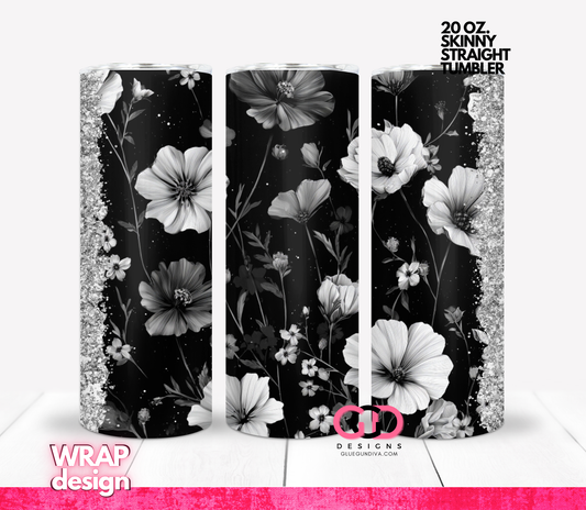 Black White Flowers 4 -   Digital tumbler wrap for 20 oz skinny straight tumbler