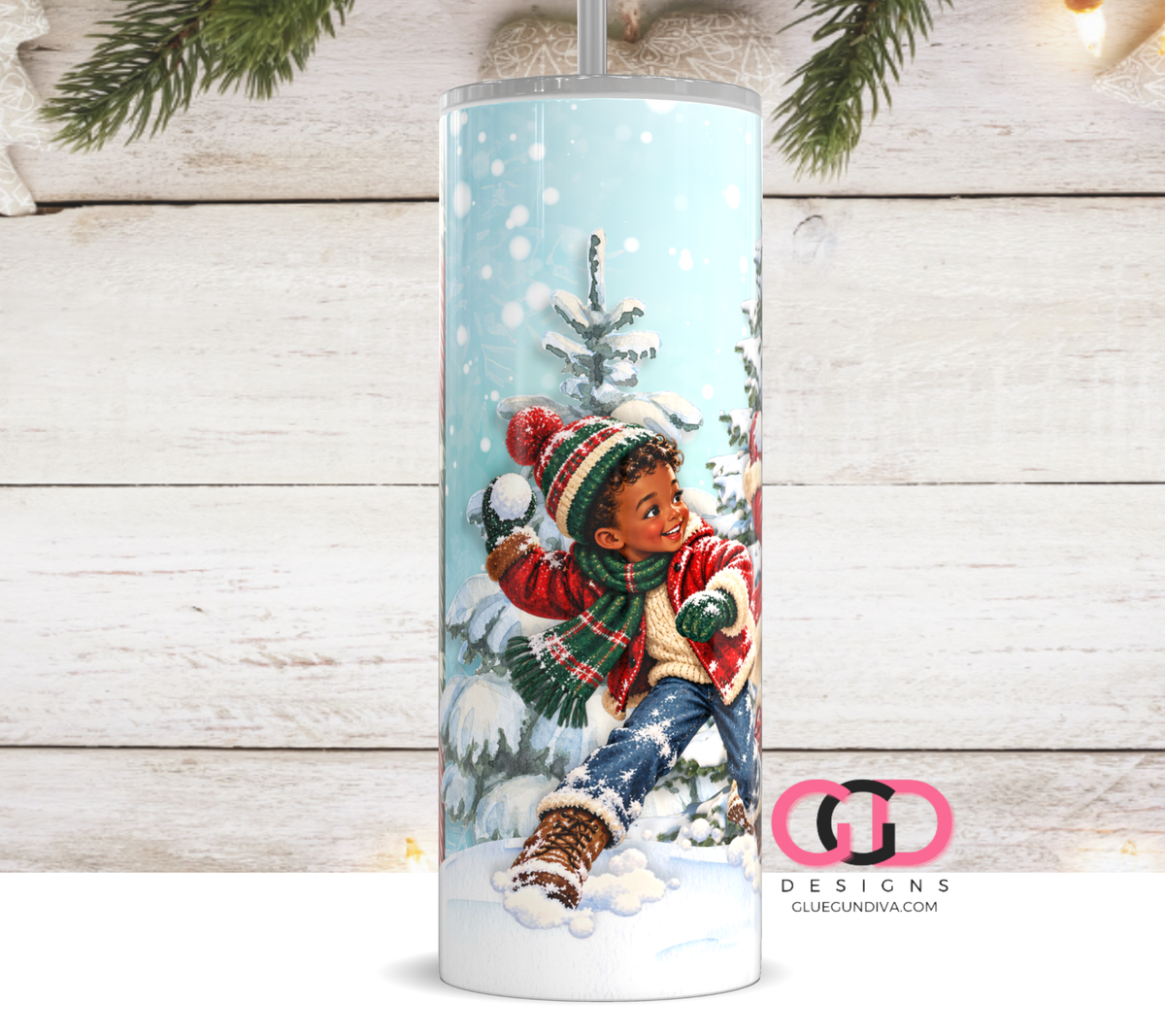 Vintage Snowball Fight Black Children-  Digital tumbler wrap for 20 oz skinny straight tumbler