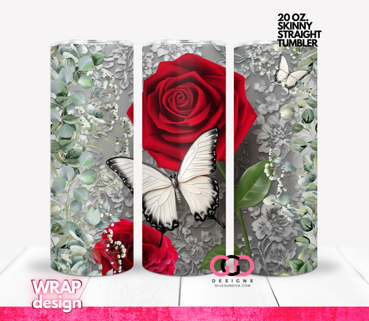 3D Rose and White Butterfly -   Digital tumbler wrap for 20 oz skinny straight tumbler