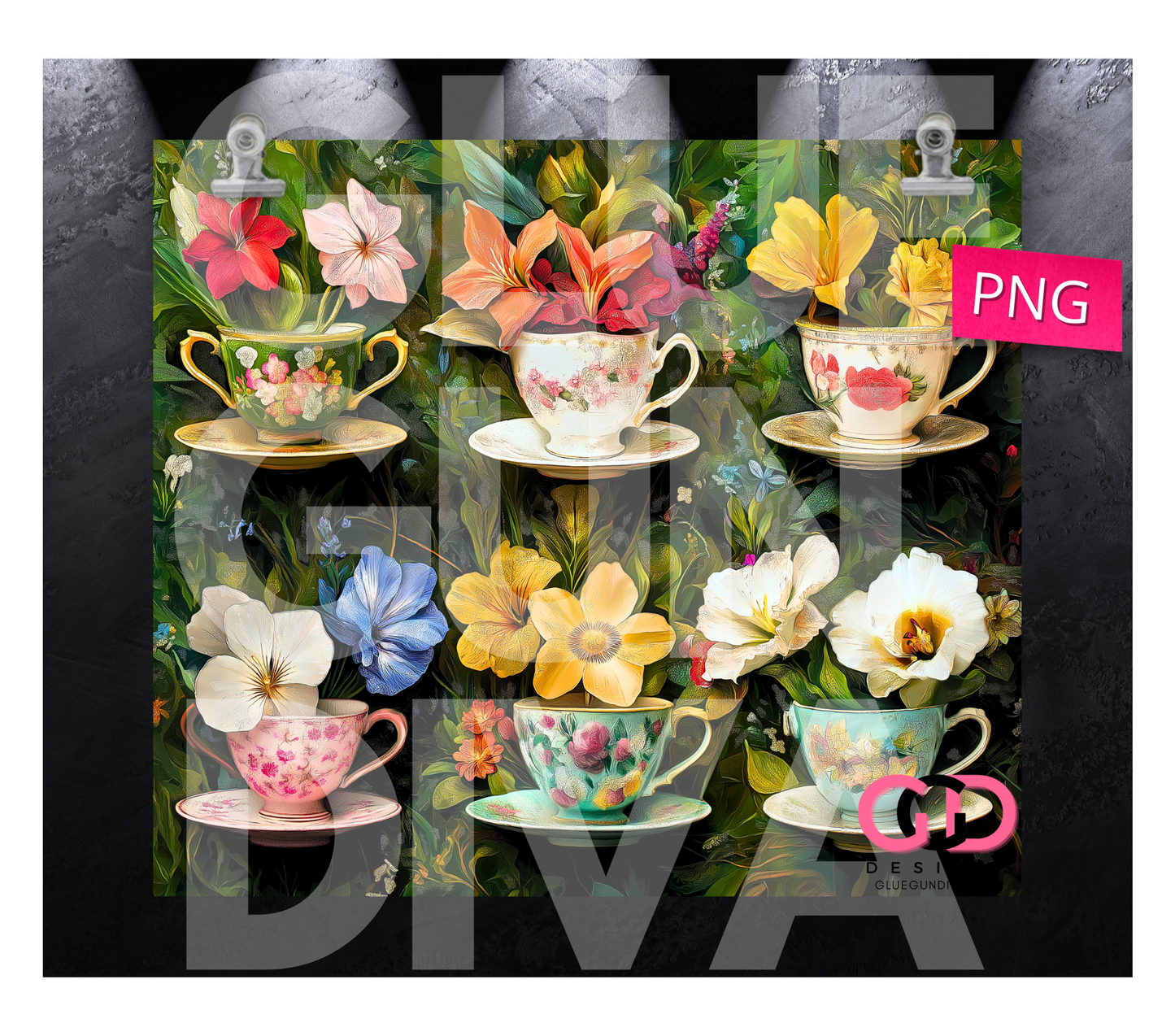 Painted Tea Cups and Flowers-  Digital tumbler wrap for 20 oz skinny straight tumbler