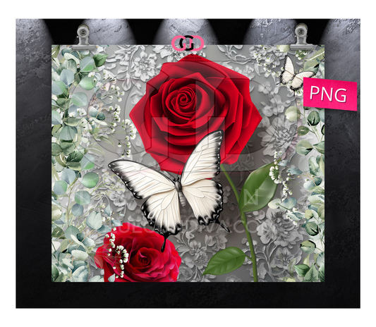 3D Rose and White Butterfly -   Digital tumbler wrap for 20 oz skinny straight tumbler