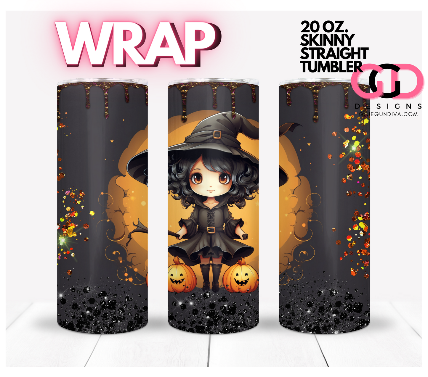 Cute Witch with Glitter -   Digital tumbler wrap for 20 oz skinny straight tumbler