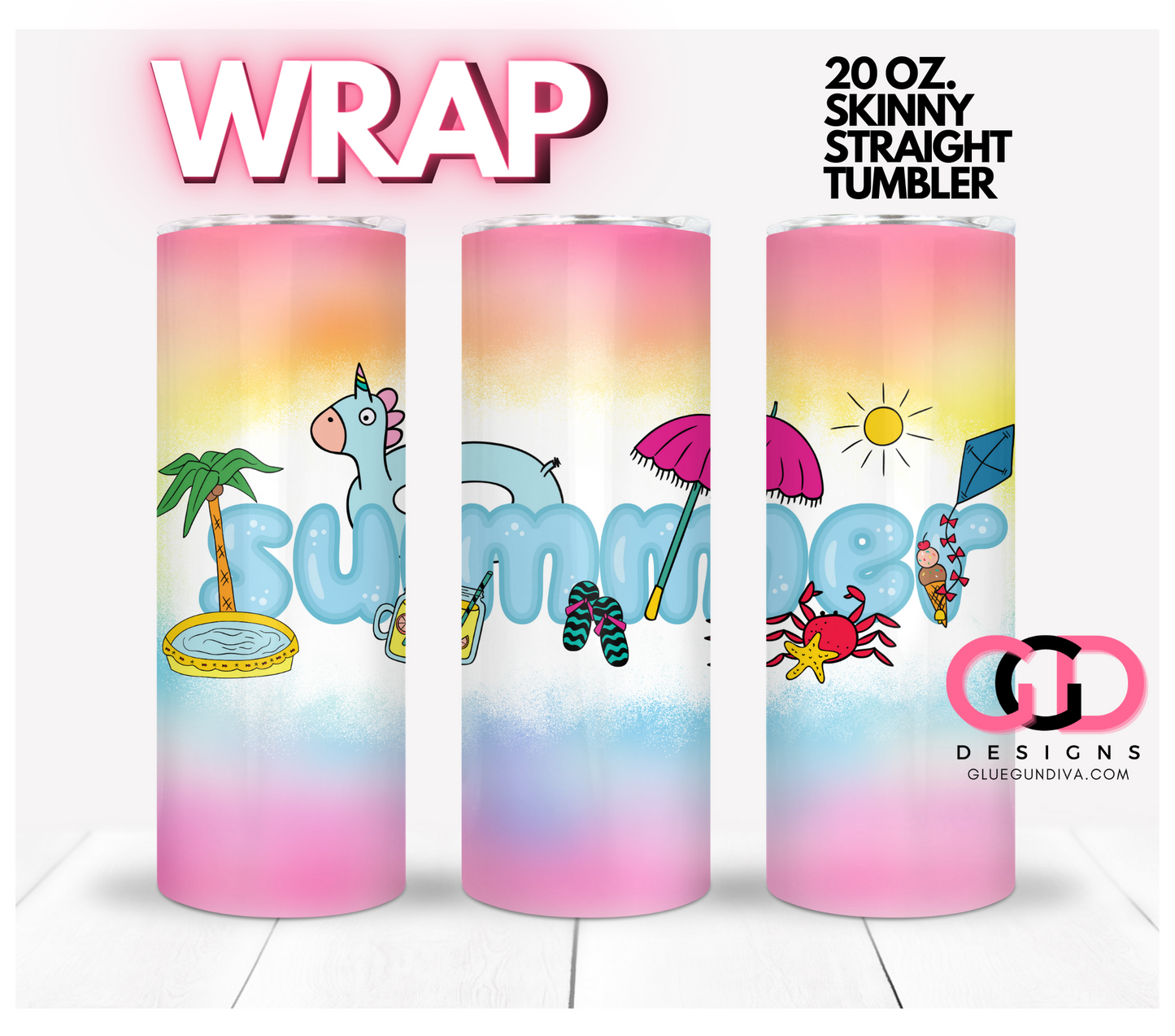 Summer Word-   Digital tumbler wrap for 20 oz skinny straight tumbler