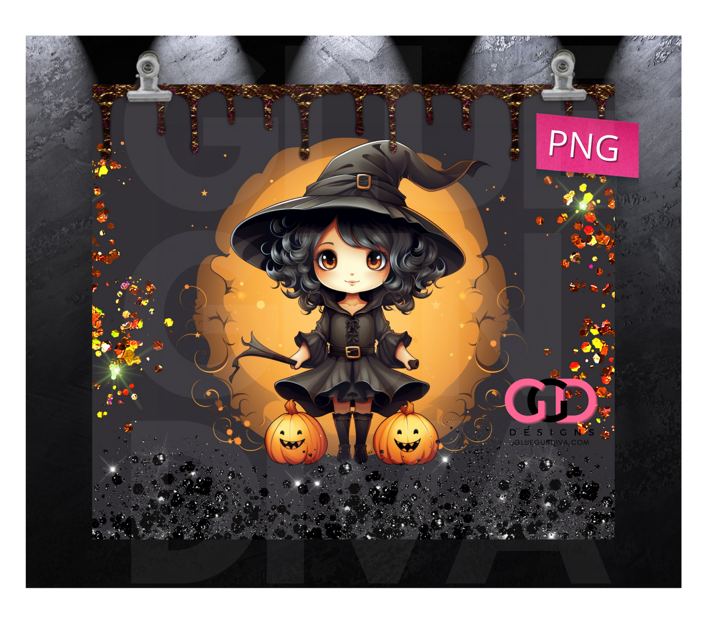 Cute Witch with Glitter -   Digital tumbler wrap for 20 oz skinny straight tumbler