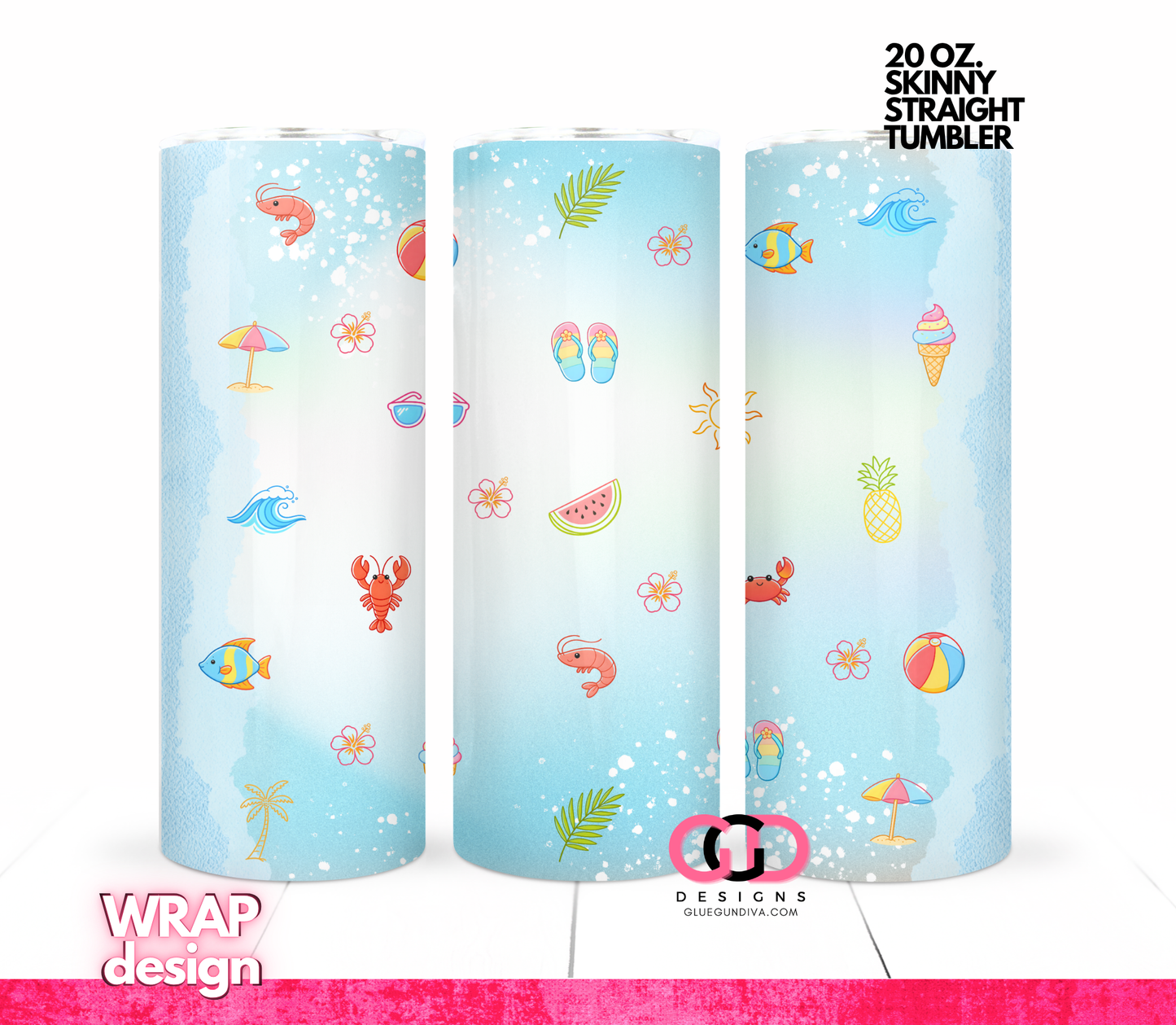 Cute Summer Icons -  Digital tumbler wrap for 20 oz skinny straight tumbler