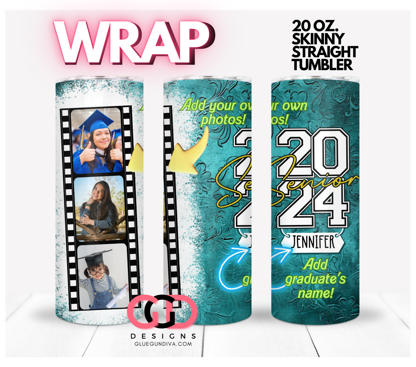 Senior 2024 picture frames teal-  Digital tumbler wrap for 20 oz skinny straight tumbler