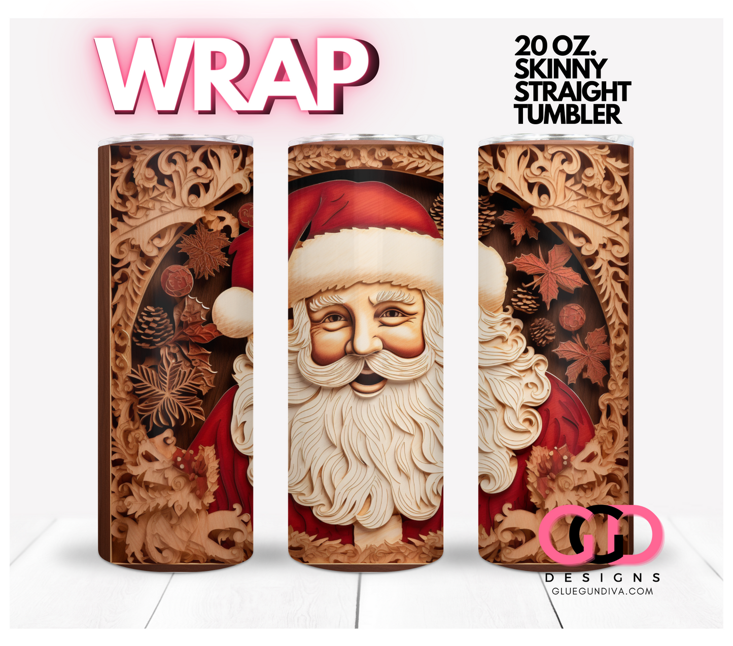 Santa Wood Laser Cut-   Digital tumbler wrap for 20 oz skinny straight tumbler