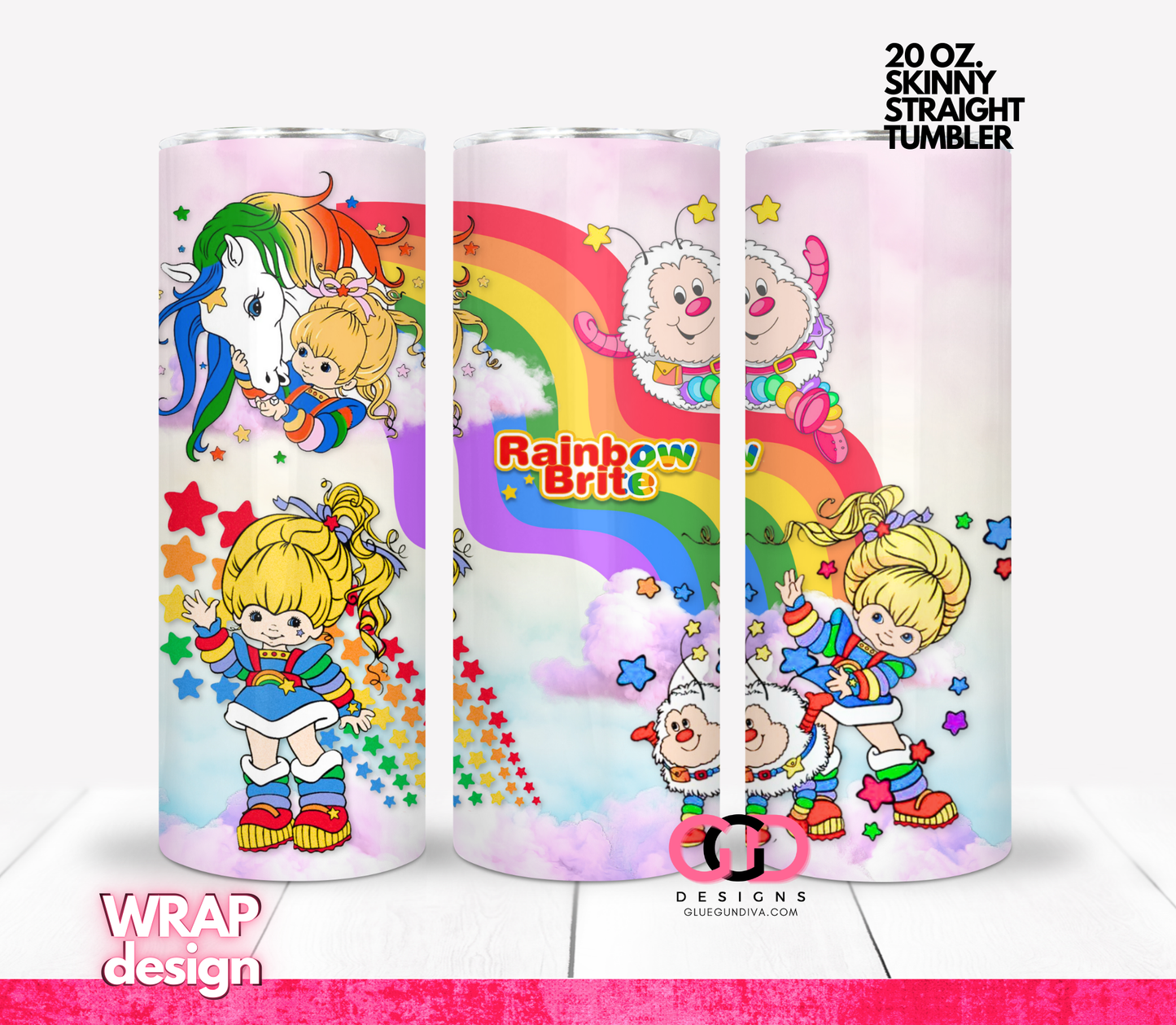 Bright Rainbows -  Digital tumbler wrap for 20 oz skinny straight tumbler