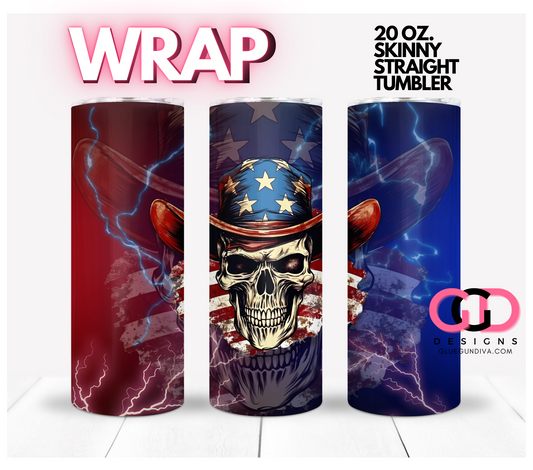 Electric Patriotic Skull-   Digital tumbler wrap for 20 oz skinny straight tumbler