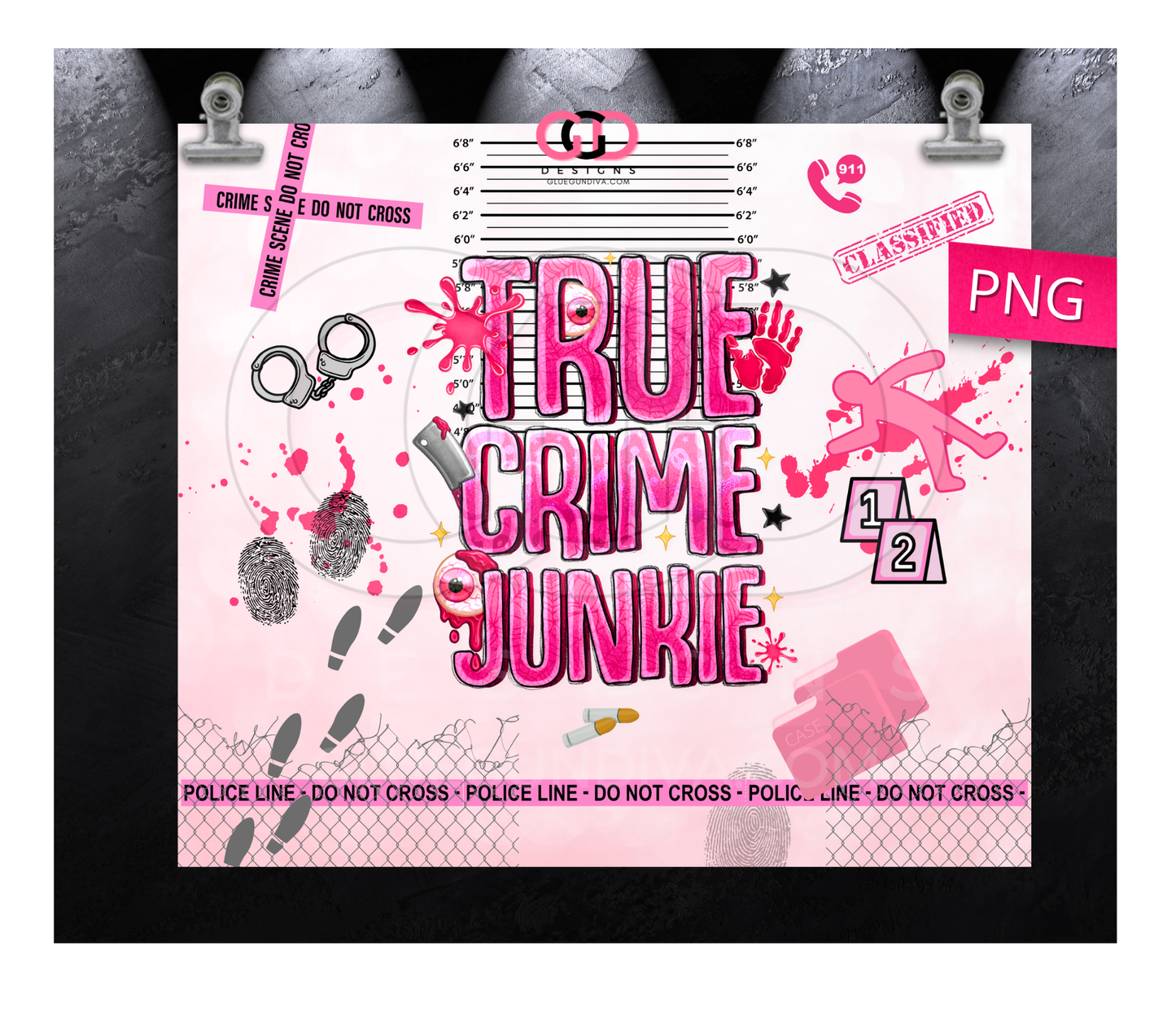 Pink True Crime Junkie  -  Digital tumbler wrap for 20 oz skinny straight tumbler