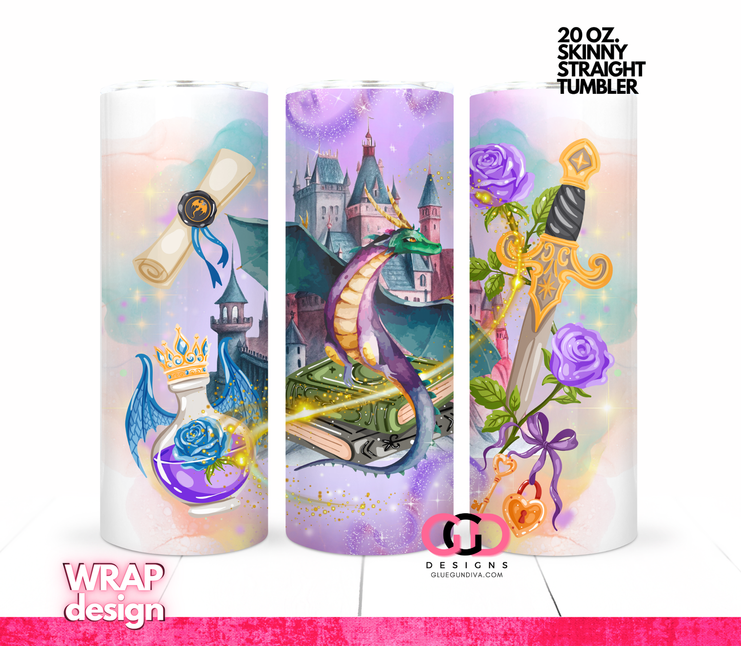Fantasy Dragon Reading-   Digital tumbler wrap for 20 oz skinny straight tumbler